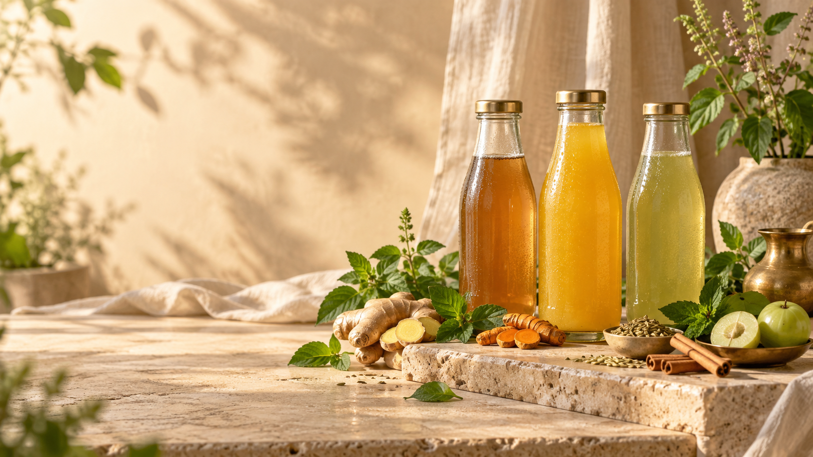 Three herbal waters with ginger, turmeric, amla, mint and warm brass accents